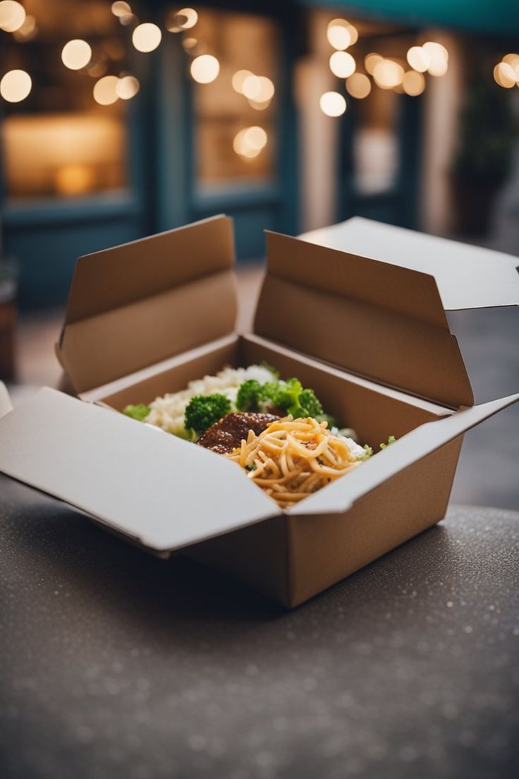 an open take out box with noodles and broccoli in it on a table