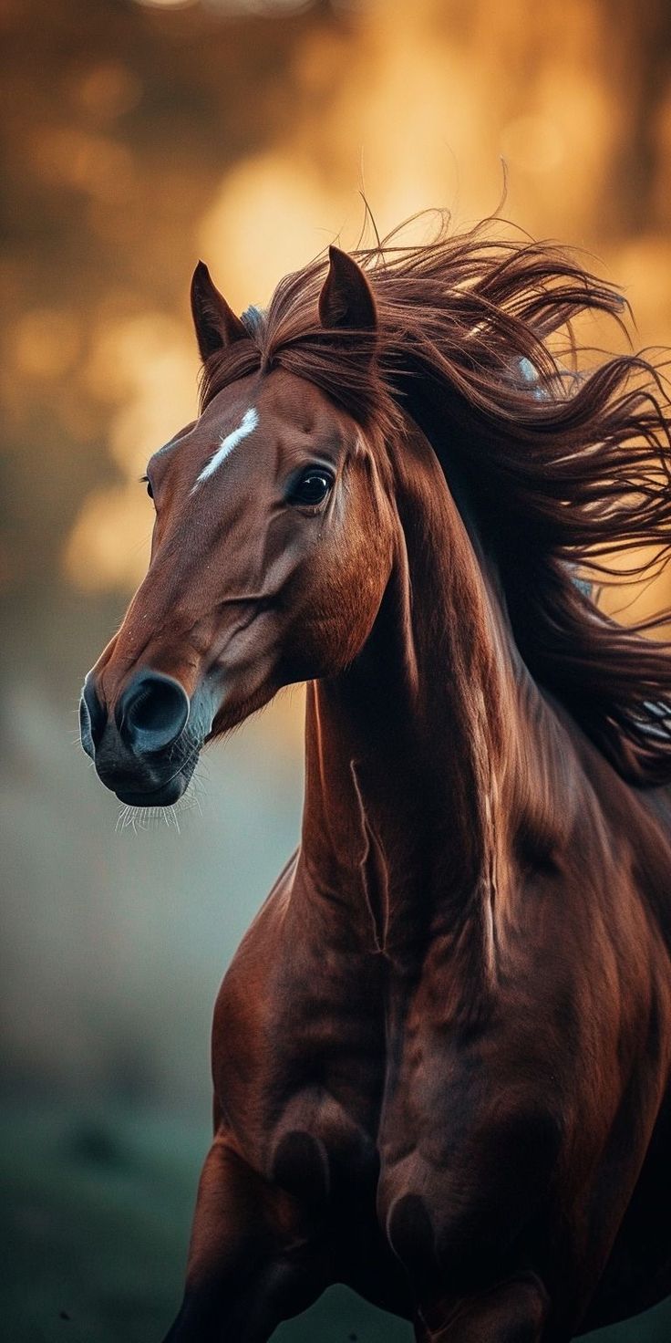 a brown horse with long hair running in the field at sunset or sunrise, it's head turned to the left