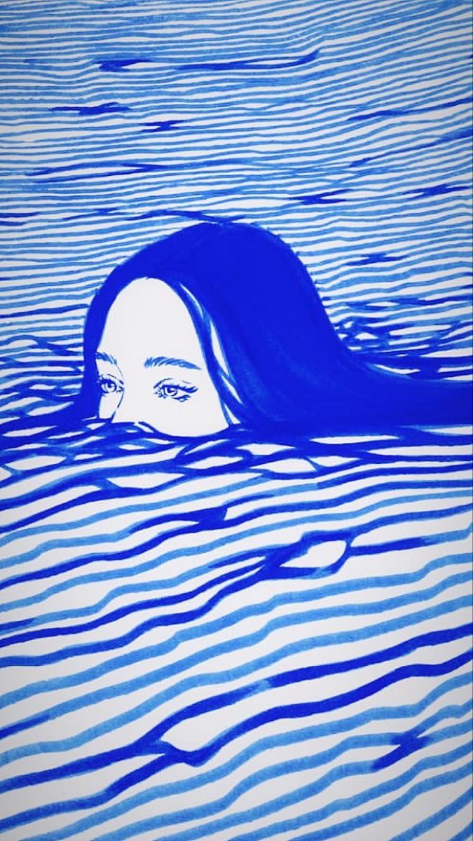 a drawing of a woman's head in the water with blue lines on it