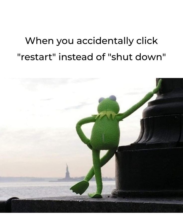 a green frog standing next to a light pole with the caption, when you accidentally click restart instead of shut down