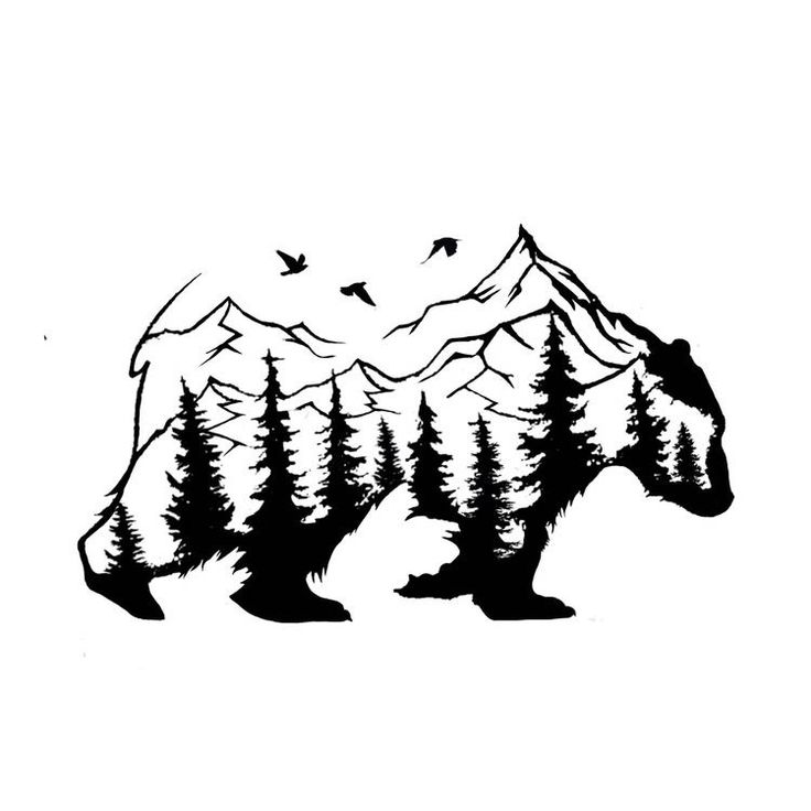 a bear that is standing in the grass with trees on it and birds flying around