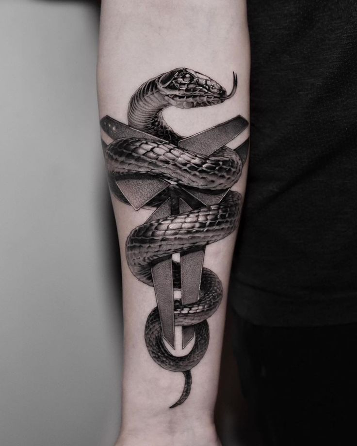 a man's arm with a snake on it and an arrow in the middle