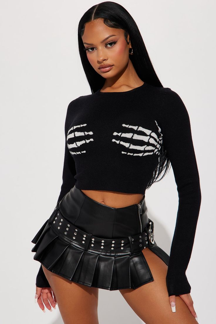 Available In Black/White. Pullover Sweater Long Sleeve Crew Neck Holiday Printed Cropped 50% Viscose 30% Polyester 20% Nylon Imported | Skeleton Touch Sweater in Black/White size Medium by Fashion Nova Edgy Long Sleeve Halloween Tops, Fall Punk Style Fitted Crop Top, Fitted Punk Crop Top For Fall, Punk Style Fitted Crop Top For Fall, Gothic Crew Neck Tops For Fall, Trendy Skull Print Tops For Fall, Fall Crew Neck Crop Top For Night Out, Fall Punk Style Crew Neck Top, Gothic Skull Print Tops For Fall