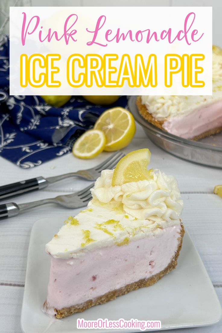 a pink lemonade ice cream pie on a white plate