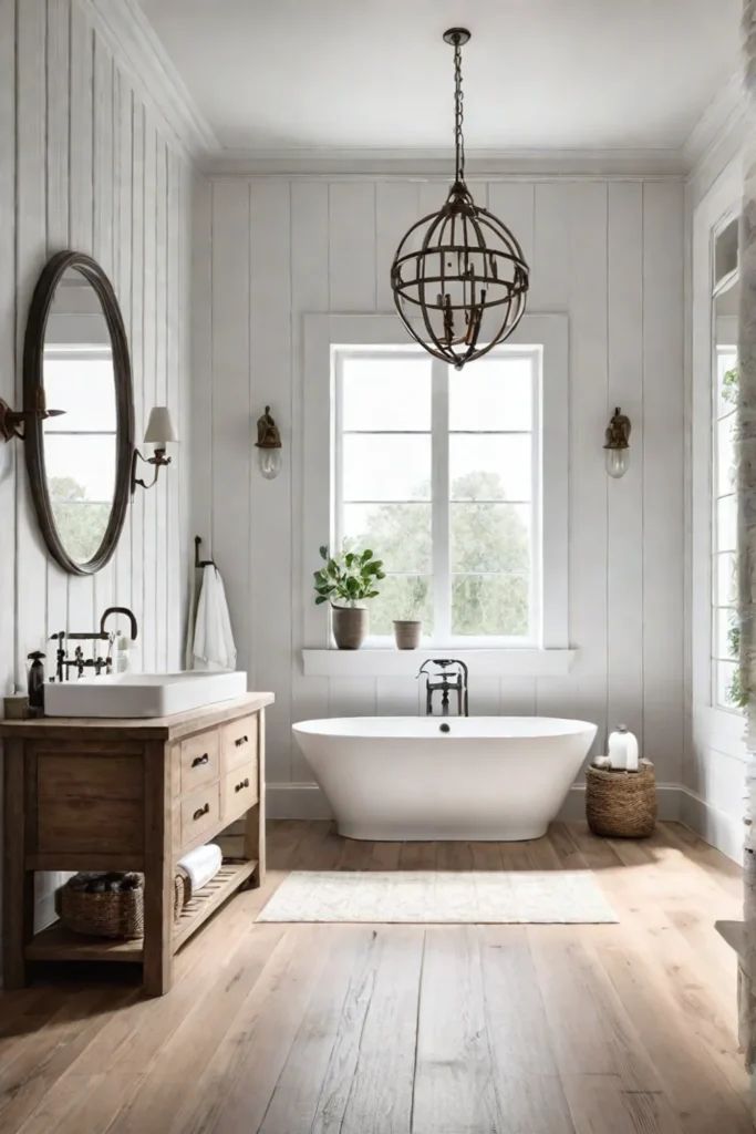 a white bath tub sitting under a window next to a wooden table and sink in a bathroom