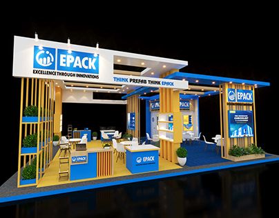 an exhibition stand with blue and yellow accents on the front, including a sign that says epack