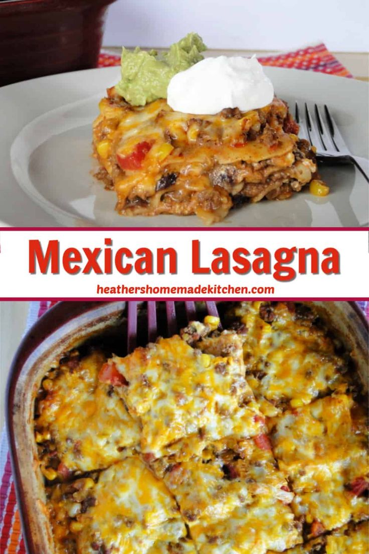 mexican lasagna casserole with sour cream on top and the recipe below