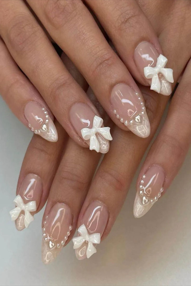 Bow Nail Designs, Easy Nails, Girly Acrylic Nails, Pearl Nails, Stick On Nails, Nail Charms, Nail Art Hacks, Nail Accessories, Cute Acrylic Nails