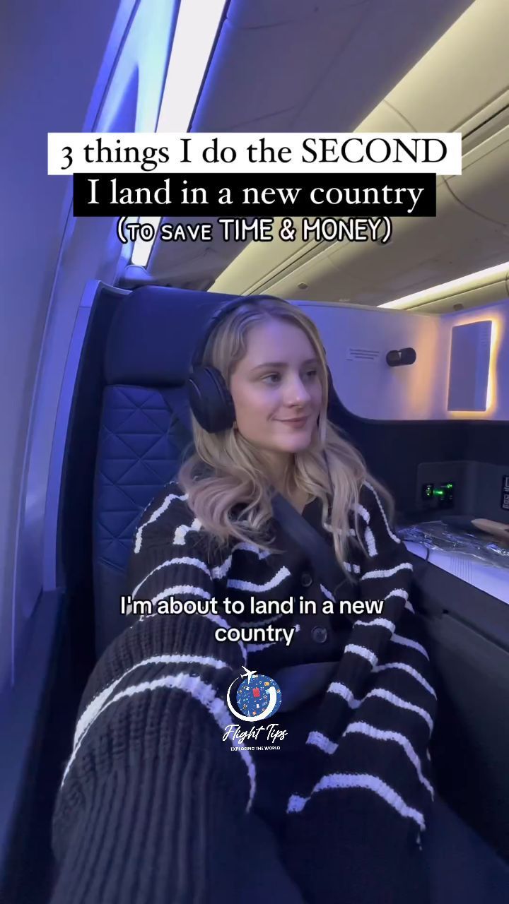 a woman is sitting in an airplane with headphones on and the caption reads, 3 things i do the second time i land in a new country