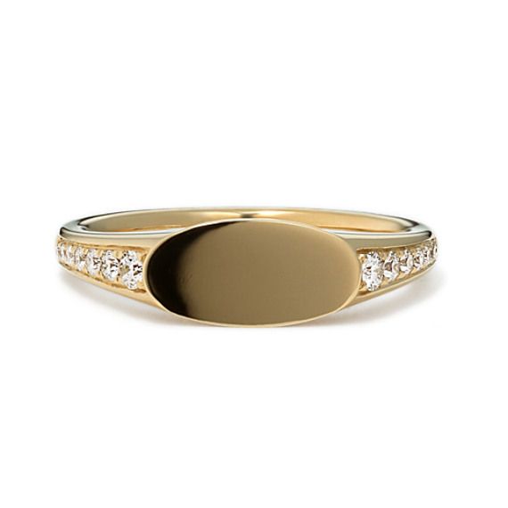 Natural diamond pave increases in size as it reaches the center of this 14-karat yellow gold signet ring. Add a custom engraving on top for the perfect personal touch. White Gold 14k Signet Ring With Single Cut Diamonds, Gold Signet Ring With Diamond Accents In 14k Gold, Gold 14k Signet Ring With Single Cut Diamonds, Gold Oval Signet Ring With Pave Setting, 14k Yellow Gold Pave Setting Signet Ring, 14k Yellow Gold Signet Ring With Pave Setting, Elegant Gold Engraved Ring With Diamond Accents, White Gold Pave Setting Signet Ring For Promise, Timeless Gold Diamond Signet Ring