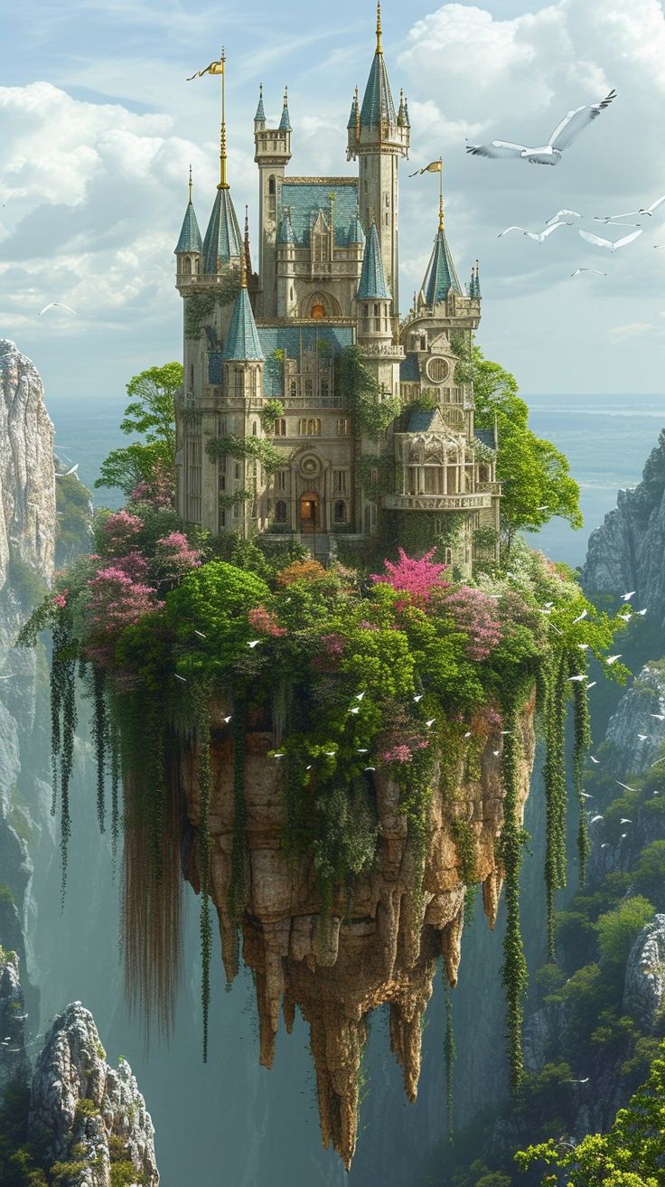 a castle on an island surrounded by greenery