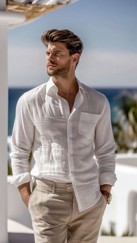 Men Emotions, Mens Vacation Outfits, Cream Linen Pants, Casual Look For Men, Linen Shirt Outfit, Mens Wedding Attire, Man Outfit, Christmas Fits, Money Fashion