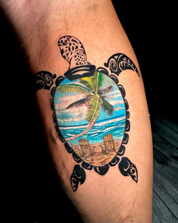 a turtle with a palm tree on it's back