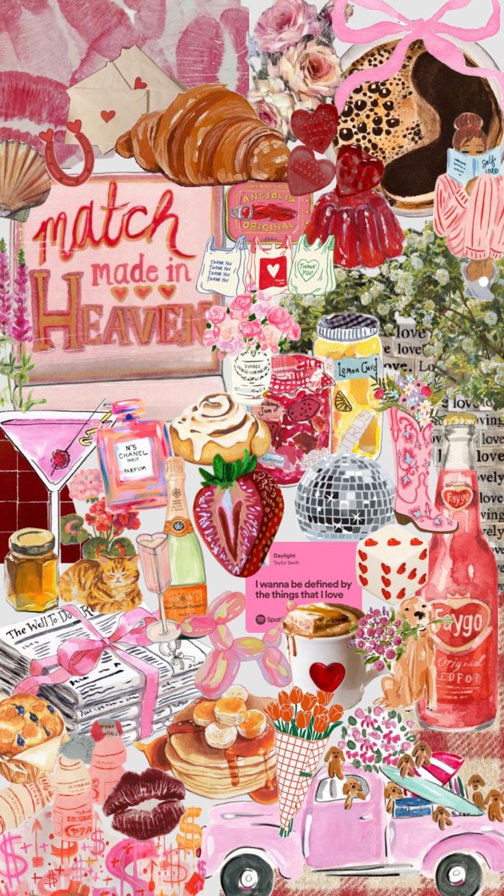 a collage of pink and red items with words written on the side, including donuts