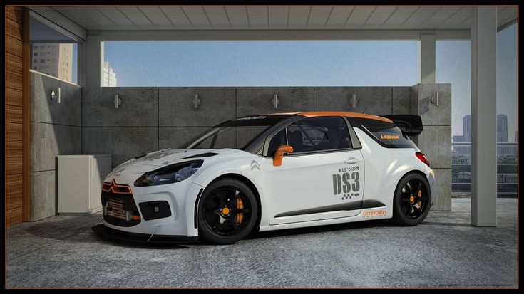 a white sports car parked in front of a building with an orange stripe on it's side