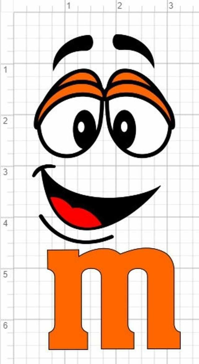 the letter m with eyes and nose drawn on it's side, next to a ruler