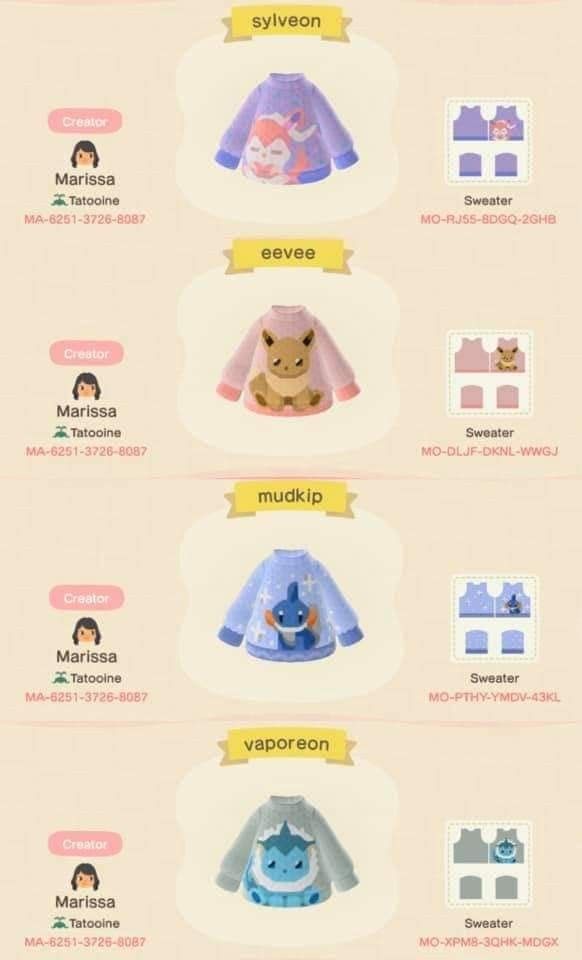 Acnh Pokemon Clothes, Animal Crossing Adventure Time Design, Animal Crossing Pokemon Clothes, Fauna Gift Guide Acnh, Animal Crossing Villagers Houses, Clothes Codes Animal Crossing, Animal Crossing Genshin Impact Outfits, Pokemon Acnh Codes, Acnh Anime Design Codes