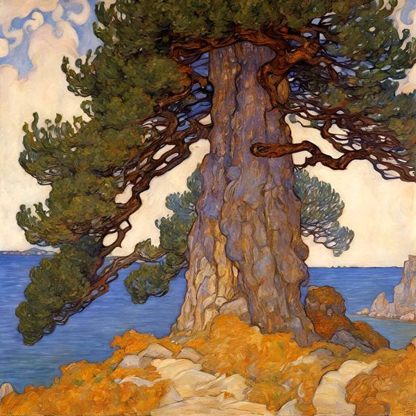 an image of a painting of a tree by the water