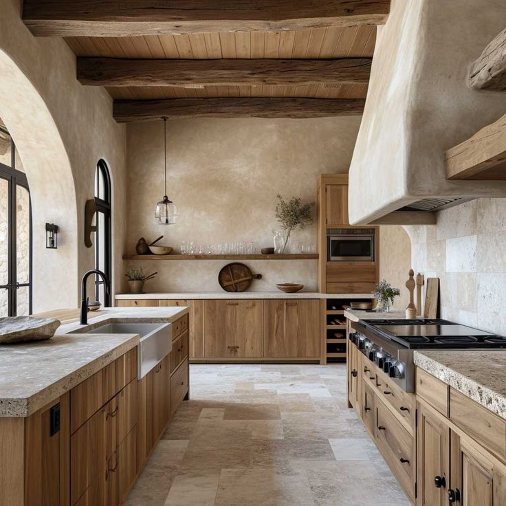 a large kitchen with wooden cabinets and marble counter tops, along with an arched doorway leading to the second floor