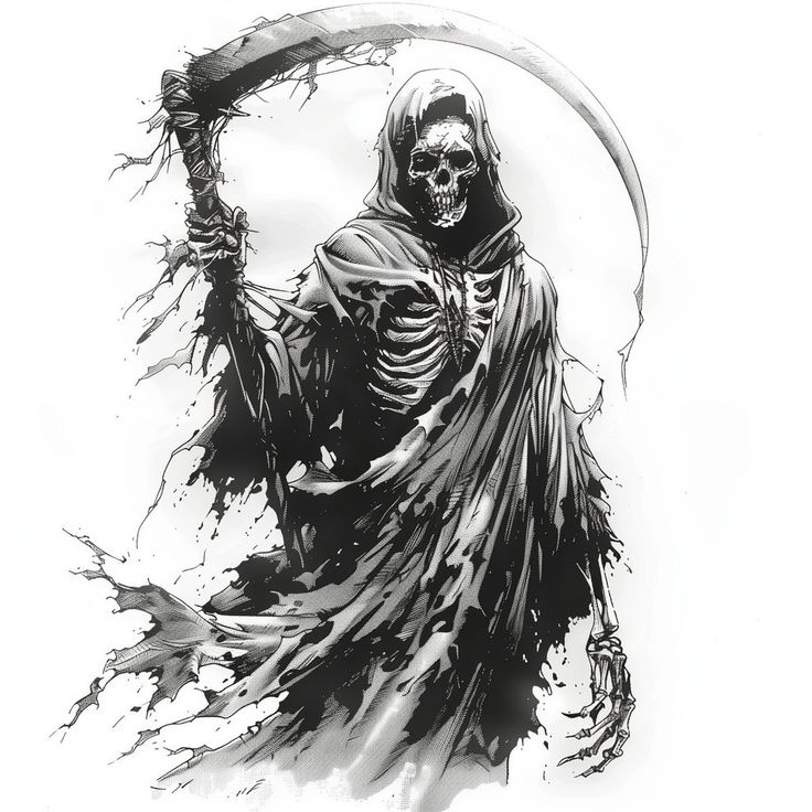 a black and white drawing of a grim skeleton holding a sculler in his hand