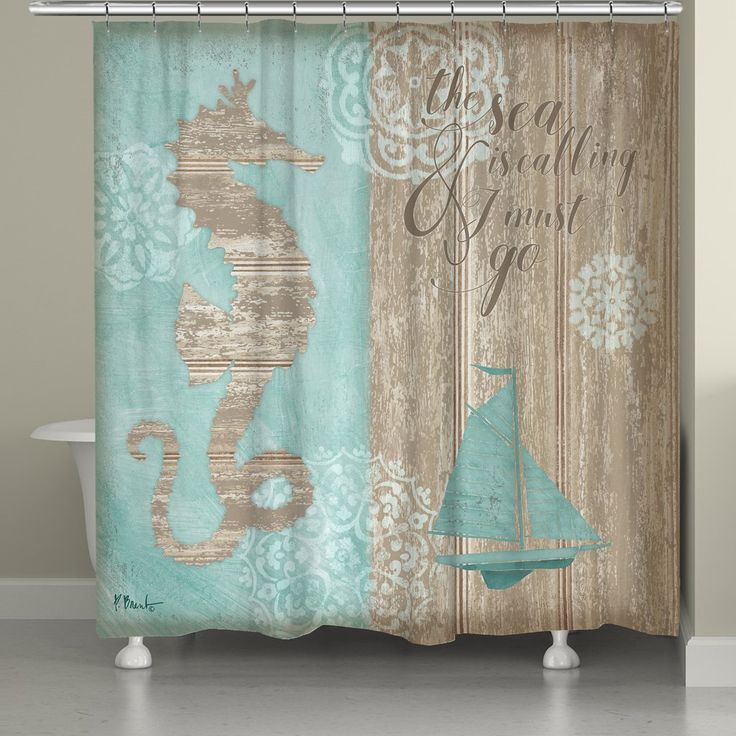 a shower curtain with a sea horse and sailboat on the front, along with an ocean theme