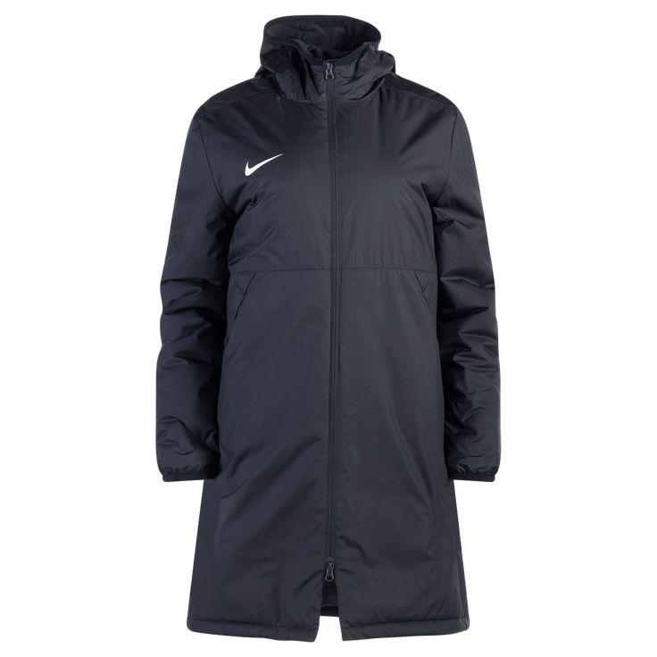 NIke Women's Park 20 Stadium Jacket. Lightweight insulation and water-repellent fabric work together to help keep you dry when it starts to rain. Water-repellent finish helps you stay dry in light rain. Synthetic-fill insulation provides warmth without weighing you down. French terry lining at the hood, pockets and collar feels soft and warm. Loose fit and longer length cover you from the elements. Full zip lightweight jacket with fleece lined hood. Side pockets with snap closure. 100% Polyester Black Technical Nylon Windbreaker, Black Sports Windbreaker Weatherproof, Black Weatherproof Windbreaker For Sports, Technical Windproof Black Outerwear, Functional Moisture-wicking Windbreaker For Winter, Functional Winter Windbreaker With Moisture-wicking, Winter Functional Moisture-wicking Windbreaker, Black Technical Waterproof Windbreaker, Black Windbreaker With Adjustable Hood For Cold Weather