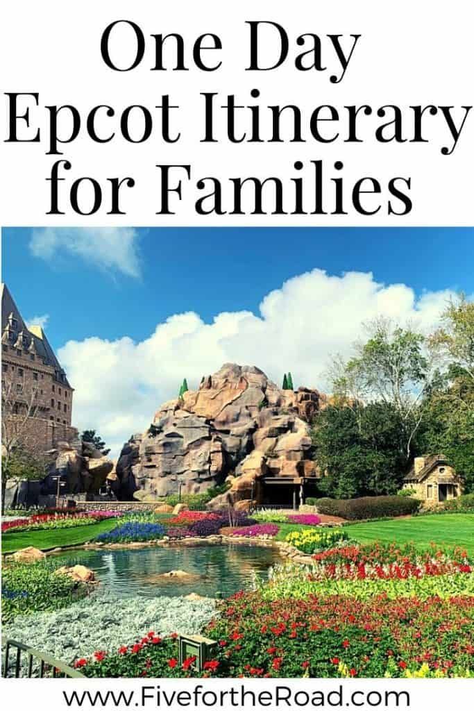 the front cover of one day epcott itinerary for families with flowers and rocks in the background