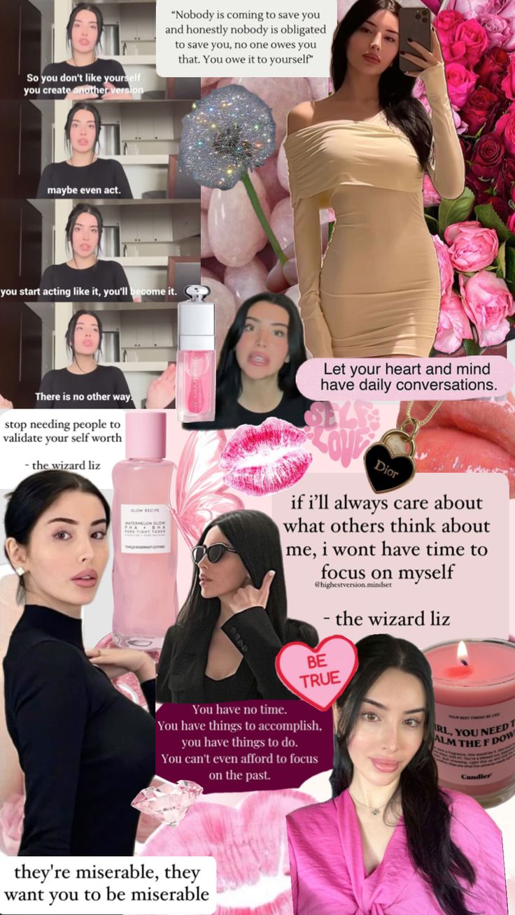 a collage of photos with pink flowers and women's names on them, including an image of a woman in a dress