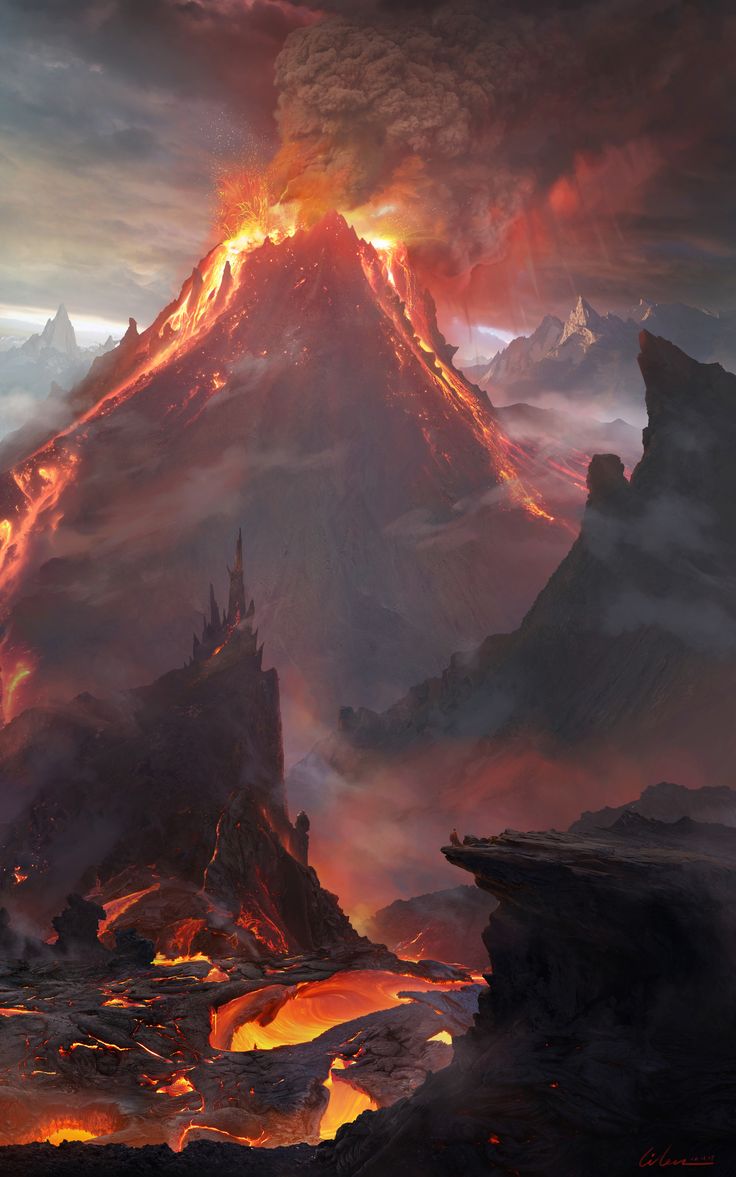 a painting of a mountain with lava and fire in the air, surrounded by mountains