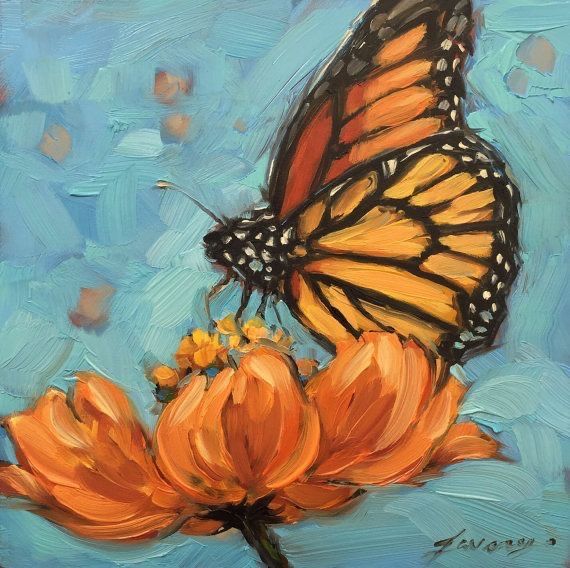 a painting of a monarch butterfly sitting on top of an orange flower with blue sky in the background