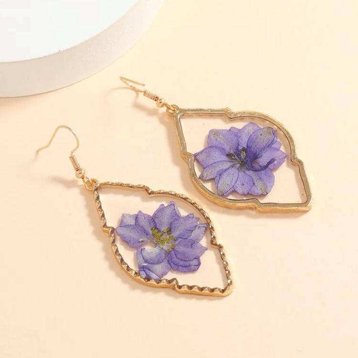 This Unique Pair Is A Wonderful Addition To Your Wardrobe And Your Style; Sure To Get Lots Of Compliments! Gsun4m50q000vtk Purple Flower Earrings For Party, Elegant Purple Pressed Flower Earrings, Purple Flower Jewelry For Spring, Spring Purple Flower Earrings For Pierced Ears, Bohemian Purple Flower Earrings, Purple Flower Bohemian Earrings, Purple Flower Shaped Jewelry For Spring, Purple Flower Earrings For Summer, Spring Bohemian Purple Jewelry