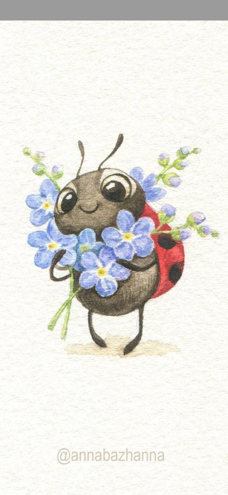 a drawing of a bug with blue flowers in it's mouth and holding a ladybug