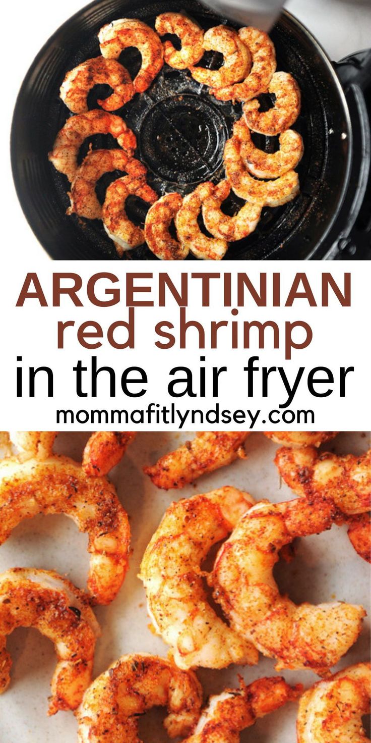 an image of fried shrimp in the air fryer with text overlay that reads, argentinan red shrimp in the air fryer