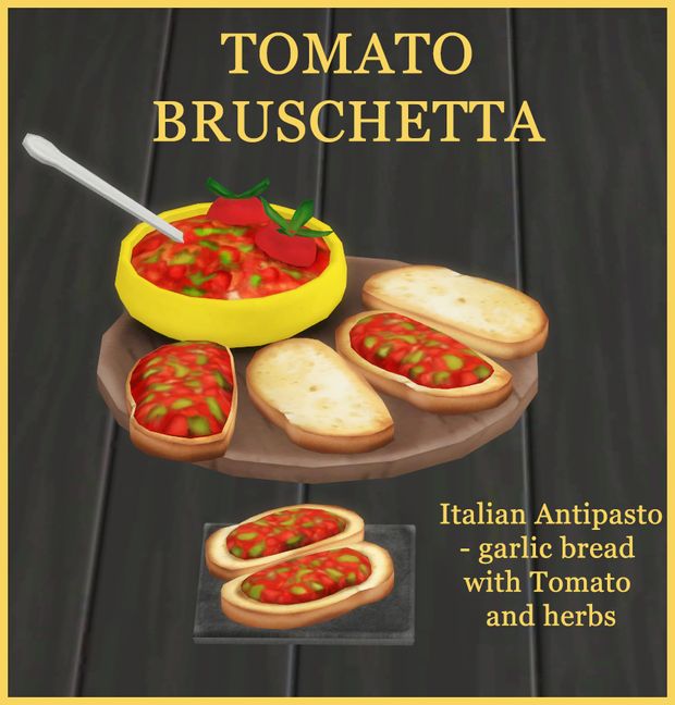 a plate with bread and tomato sauce on it, next to the words tomato bruschetta