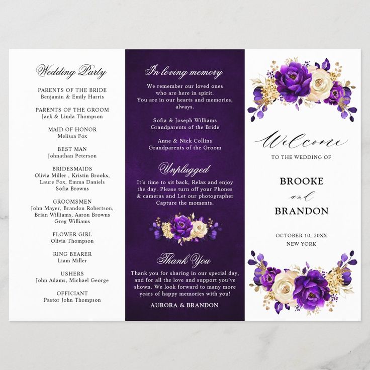 an elegant purple and gold wedding program