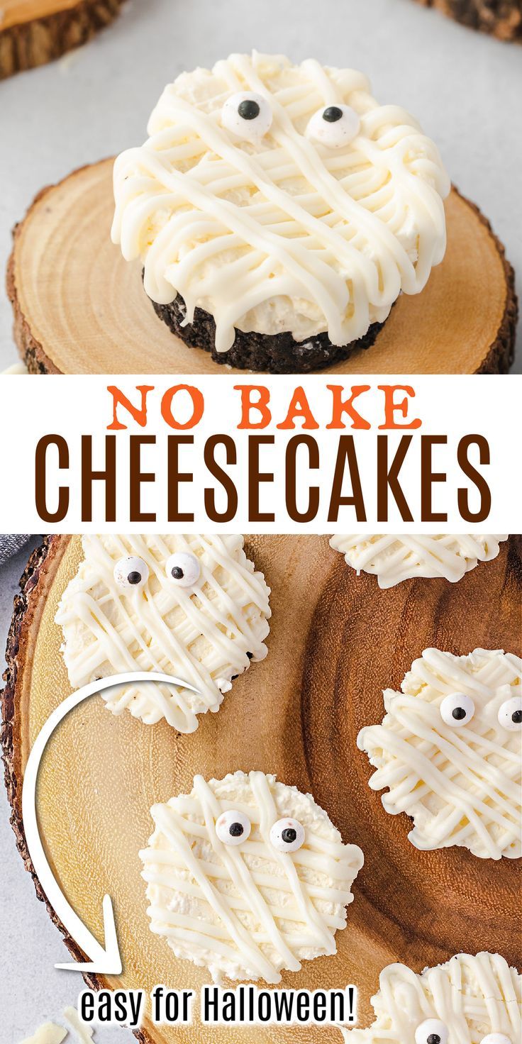 no bake cheesecakes with white icing and eyes on wooden slices for halloween