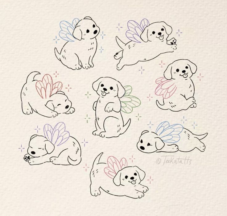 six drawings of puppies with wings and hearts on their backs, all in different colors