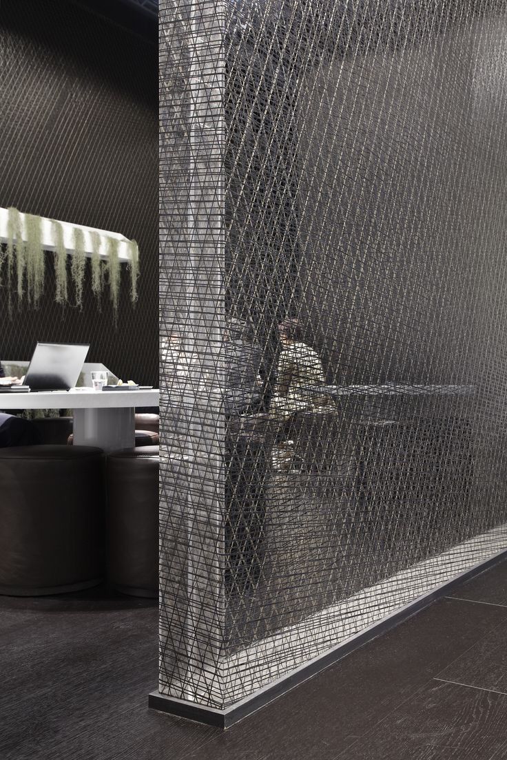 Wire mesh divider wall Room Partition Wall, Partition Screen, Divider Design, Divider Wall, Room Partition, Partition Wall, Commercial Interiors, Retail Design, Interior Walls