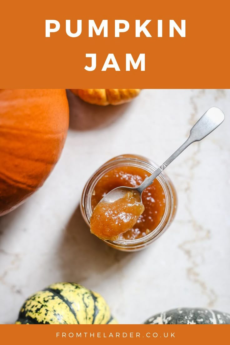 pumpkin jam in a glass jar with a spoon