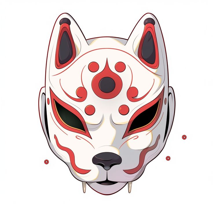 an animal mask with red and white designs on it's face, as well as eyes