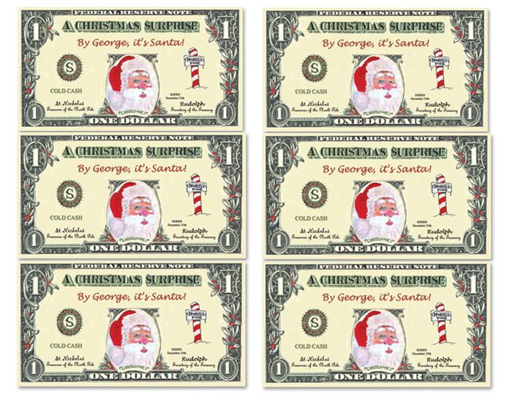 four bills with santa claus on them and the words christmas surprise written in red lettering