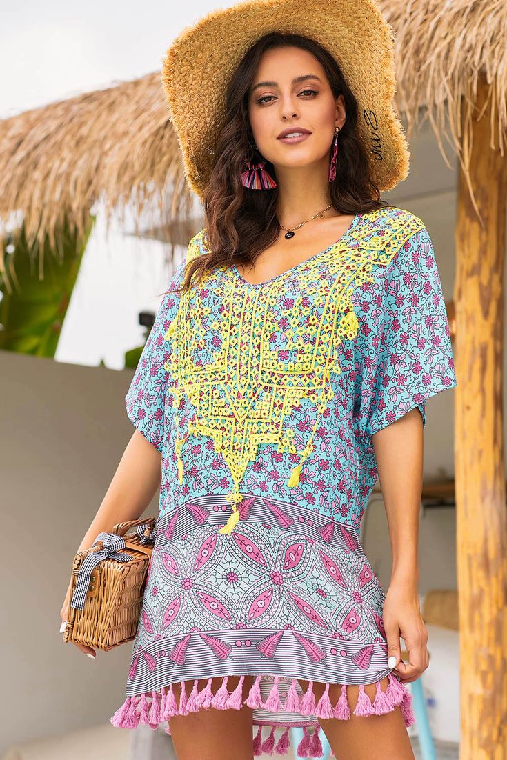 Green Floral Tassel Printed Casual Summer Dress Multicolor Fringe Dress For Beach, Multicolor Fringe Beach Dress, Blue Beach Tops With Tassel Ties, Blue Tops With Tassel Ties For The Beach, Short Sleeve Beach Dress With Tassels, Beach Dresses With Short Sleeves And Tassels, Beach Dresses With Tassels And Short Sleeves, Blue Beach Tops With Tassels, Beach Blue Tops With Tassels