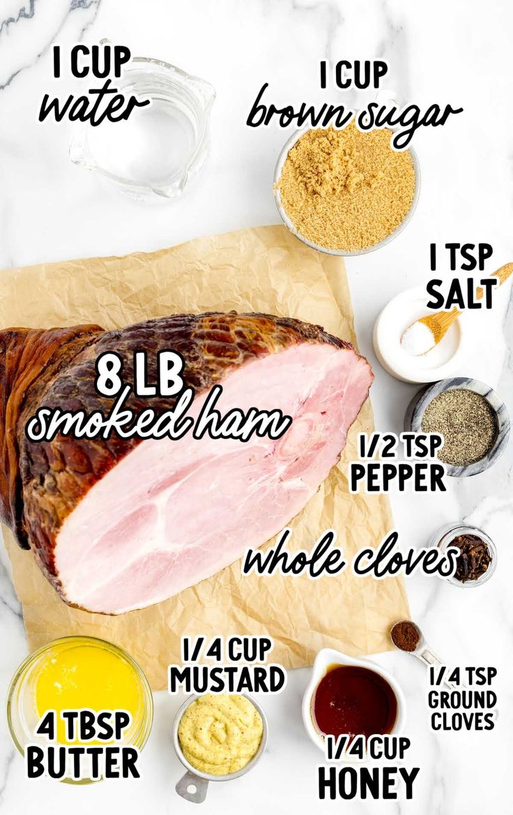 the ingredients to make a ham roast on parchment paper with text overlaying it