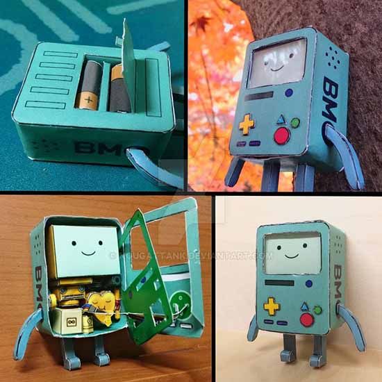 four different pictures of an old nintendo game boy paper toy with batteries in the box