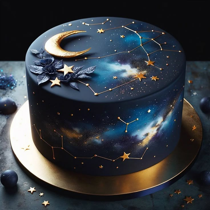 a blue cake with gold stars and the moon on top is sitting on a table