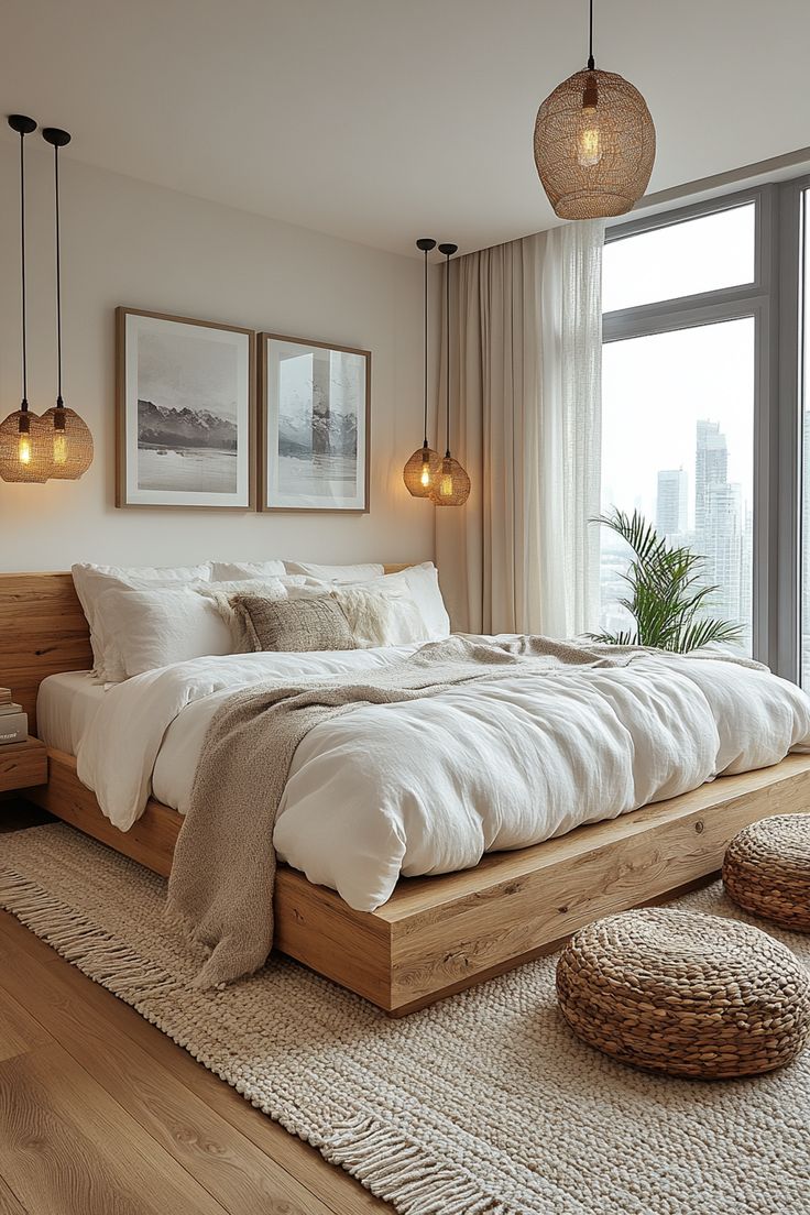 a large bed sitting in the middle of a bedroom next to a tall glass window