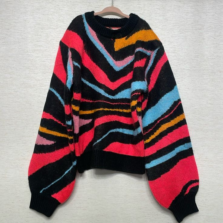 Future Collective Neon Sweater With Shoulder Pads Nwts Adult Xs Great Sweater Completely Fashion Forward. Perfect Condition. 80’s Fashion Women, Outfit Transformation, Pick Clothes, Strip Sweater, Neon Sweater, Saturn Return, Fun Sweater, Vintage Knit Sweater, 80's Fashion