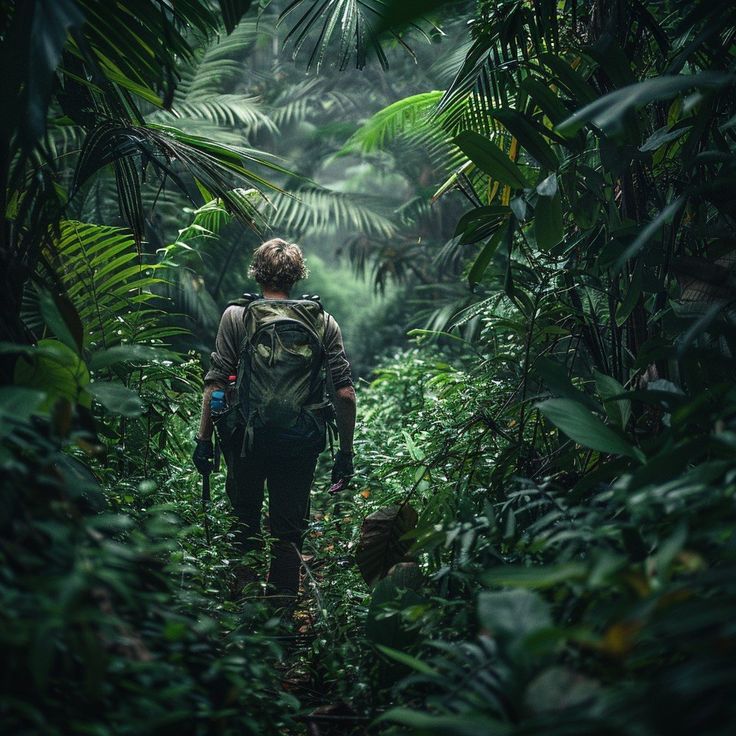 a man with a backpack is walking through the jungle in front of some trees and plants