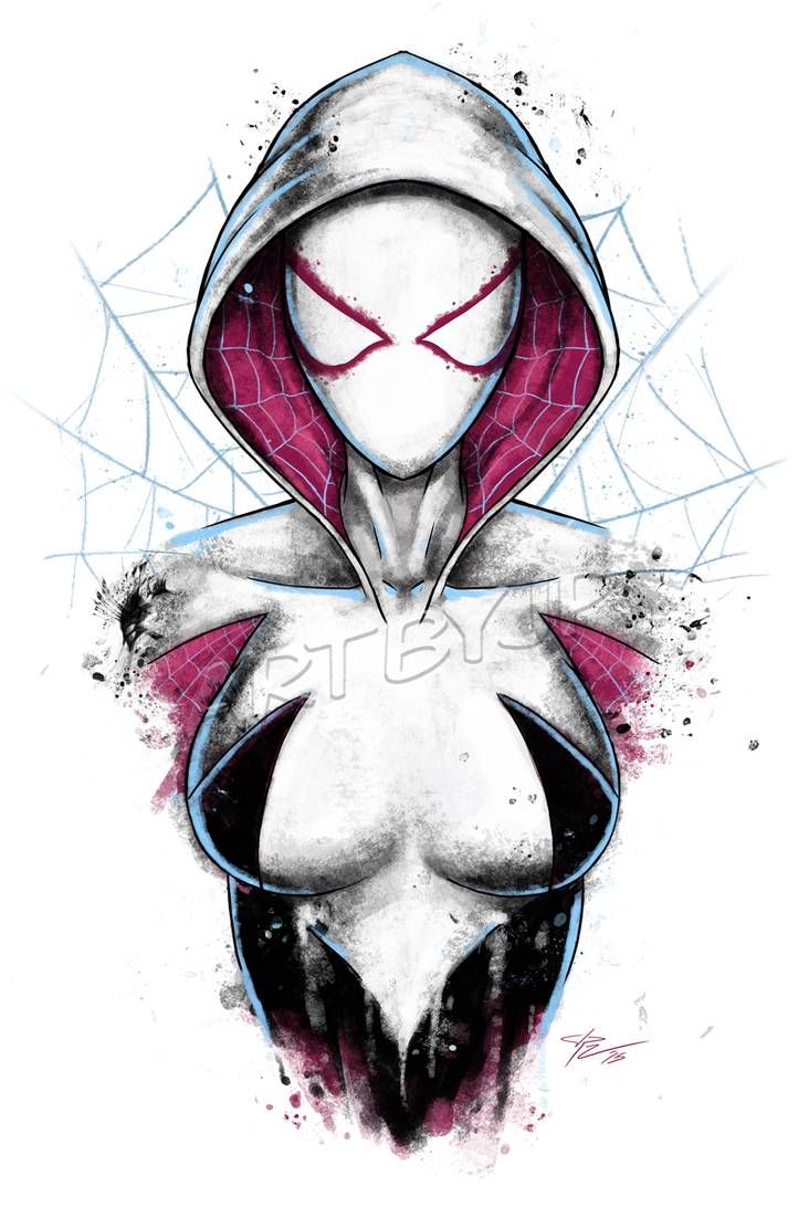 a drawing of a woman wearing a hoodie with spider - man's eyes