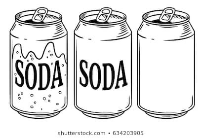 three soda cans with the word soda in black ink on white paper, hand drawn